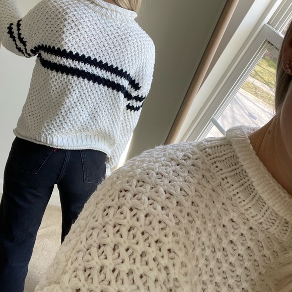 Cream / white crew, mock neck knit sweater 2 horizontal Navy blue stripe accent - Picture 3 of 5